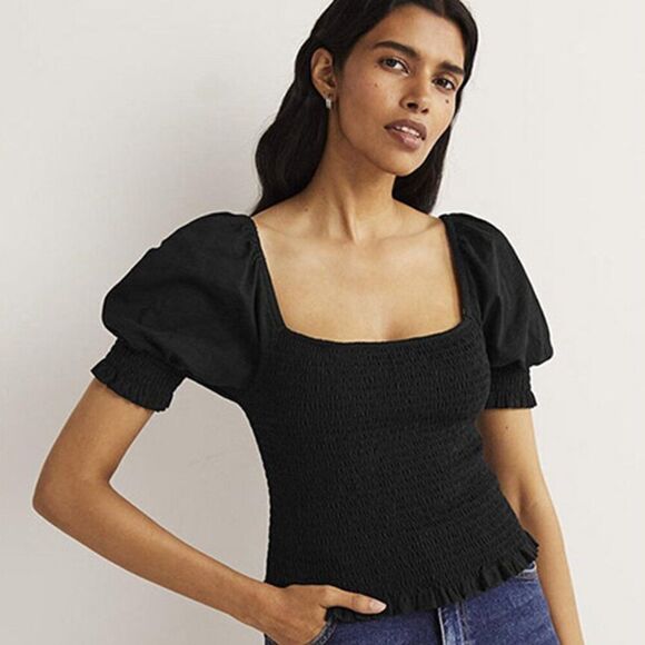 NWT Boden Women's 12 Black Puff Short Sleeve Square Neck Smocked Top - Picture 1 of 9